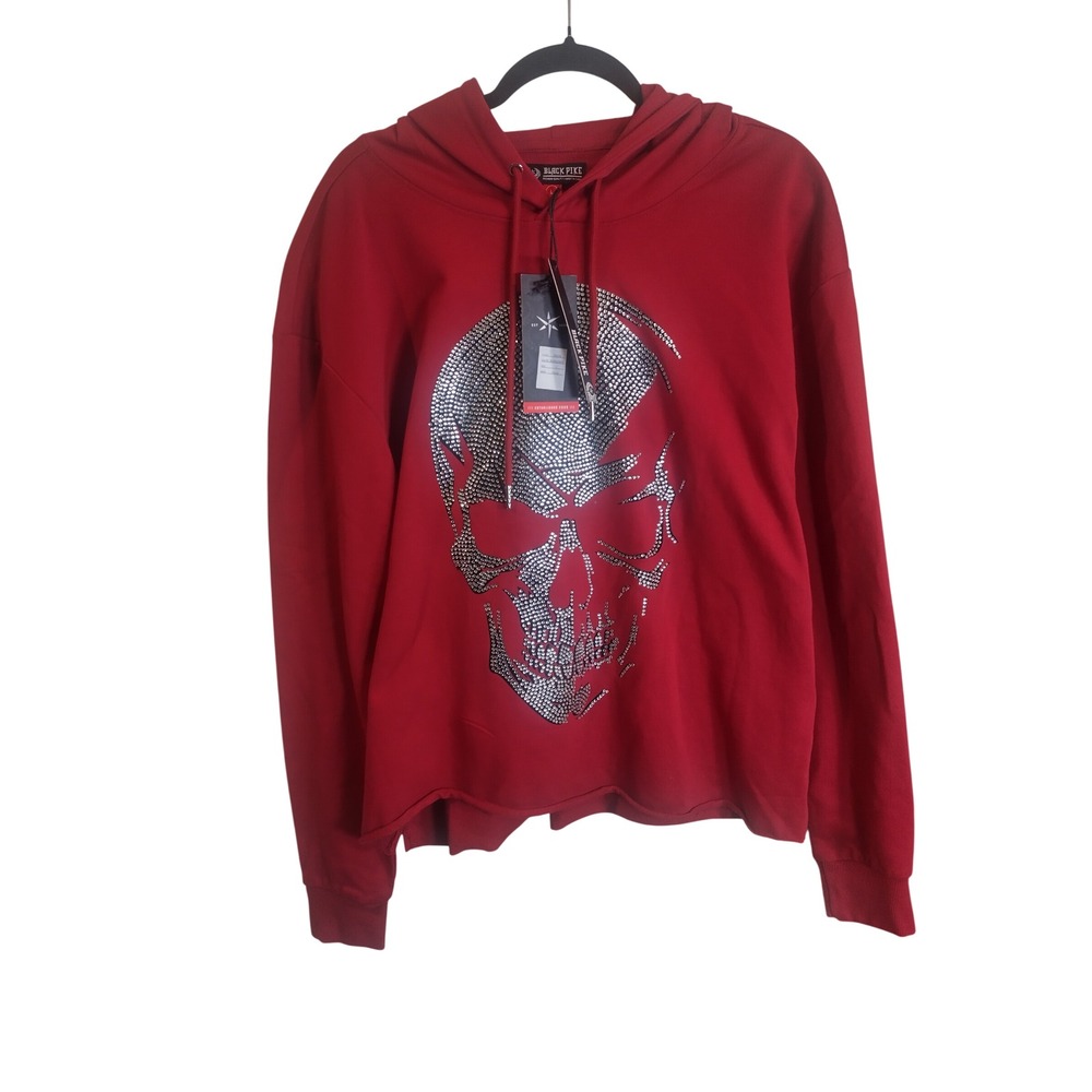 Black Pike Rhinestone Skull Hoodie Burgundy Red Raw Hem Sweatshirt FB2558 Mens L